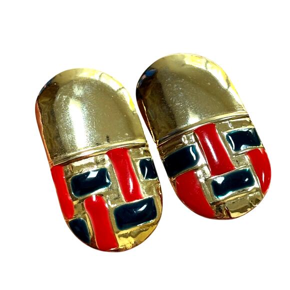 Vintage clip on earrings 1980’s mod goldtone red & navy/black enamel statement - Picture 1 of 6